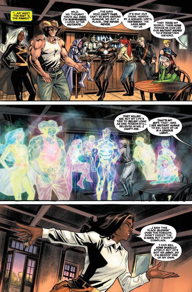 A group of mutant superheroes gathered in a rustic setting, discussing their past and experiences. Some are visible as ghostly figures, highlighting their unique powers. A female character stands in the foreground, speaking with urgency, indicating the challenges they face.