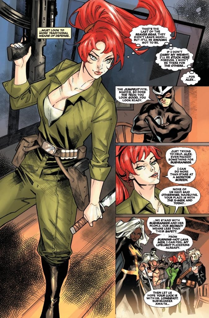 A female character with long red hair is dressed in a green military-style outfit, holding a firearm. She appears confident and determined, interacting with another character in a darkened room. Several other characters are visible in the background, suggesting a group dynamic and a serious mission.