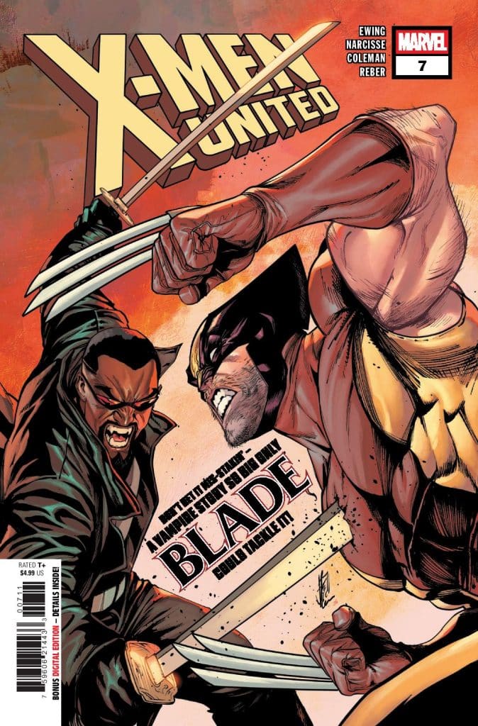 Comic book cover featuring a fierce battle between two characters, one wielding claws and the other holding a sword, with the title 'X-Men United' prominently displayed.