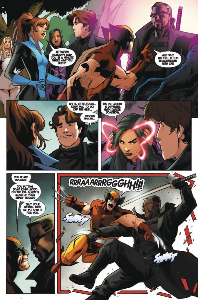 A comic book scene featuring a confrontation among several characters, including Wolverine and a shadowy figure. Wolverine is shown in an action pose, extending his claws, while others express concern and confusion about the situation.
