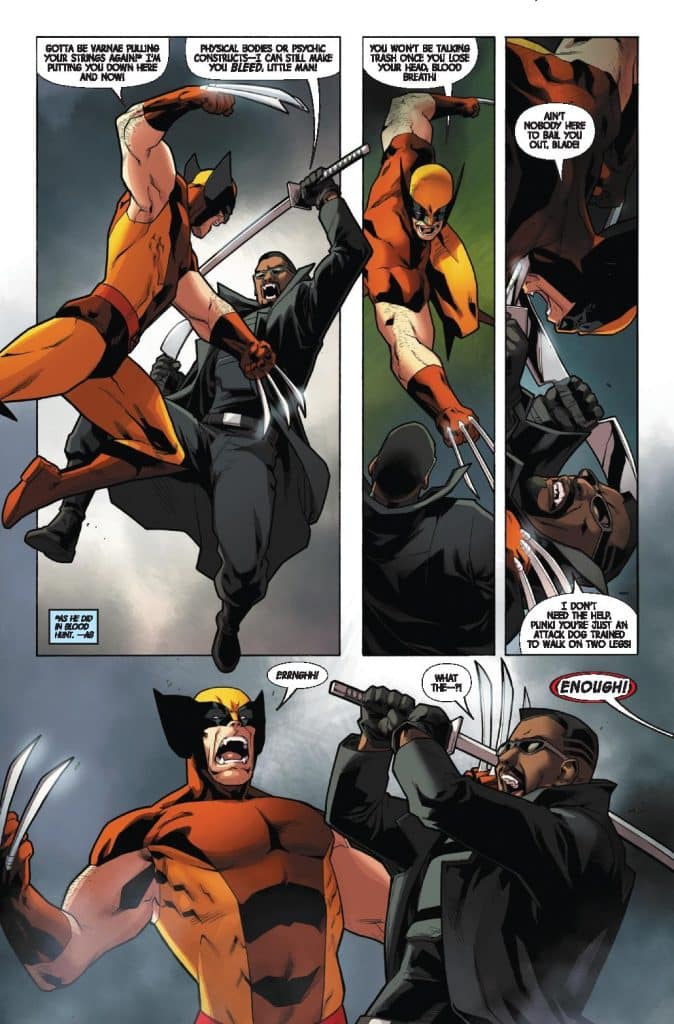 A comic panel featuring the character Wolverine in an orange and black costume, wielding claws, and facing off against a man in a black suit wielding a sword. The dialogue reveals tension and confrontation between the two characters, with a blend of threat and defiance.
