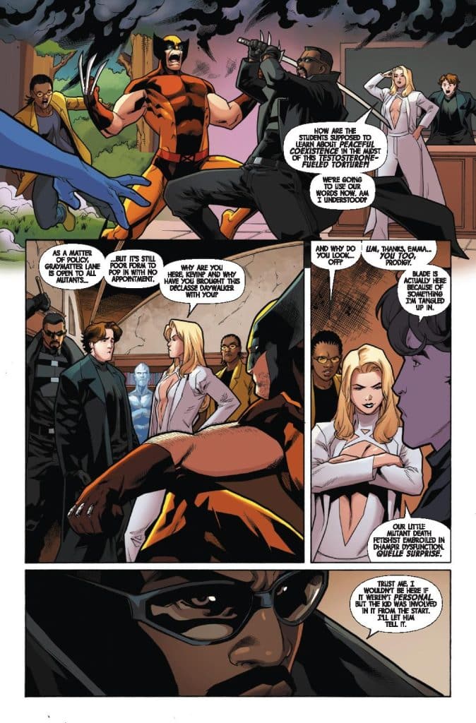 A comic book scene featuring multiple characters in a tense discussion. A character with claws is standing in the foreground, while others, including a woman in a white outfit and a man in dark glasses, engage in conversation. In the background, several individuals appear concerned. The atmosphere suggests a conflict or disagreement related to mutant coexistence.