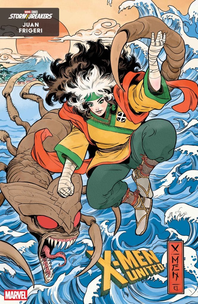 Illustration of a superhero character with white and black hair, wearing a colorful outfit, battling a large, tentacled creature in ocean waves, with a mountainous backdrop.