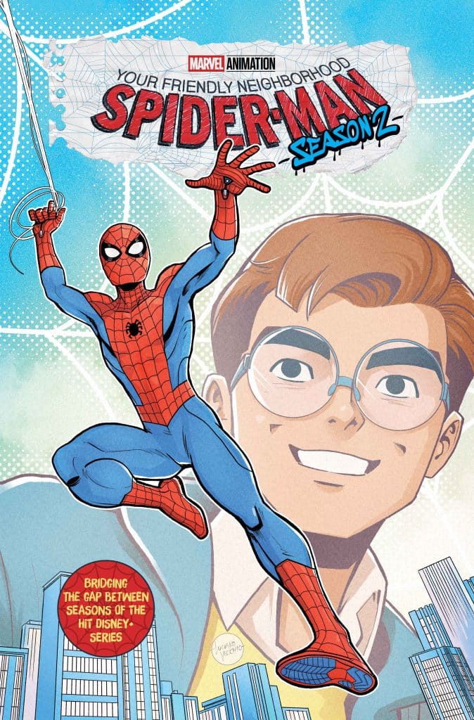 Cover art for 'Your Friendly Neighborhood Spider-Man Season 2' featuring Spider-Man in action with a city backdrop and a young boy smiling in the background. The design incorporates comic-style elements and text highlighting the show's title.