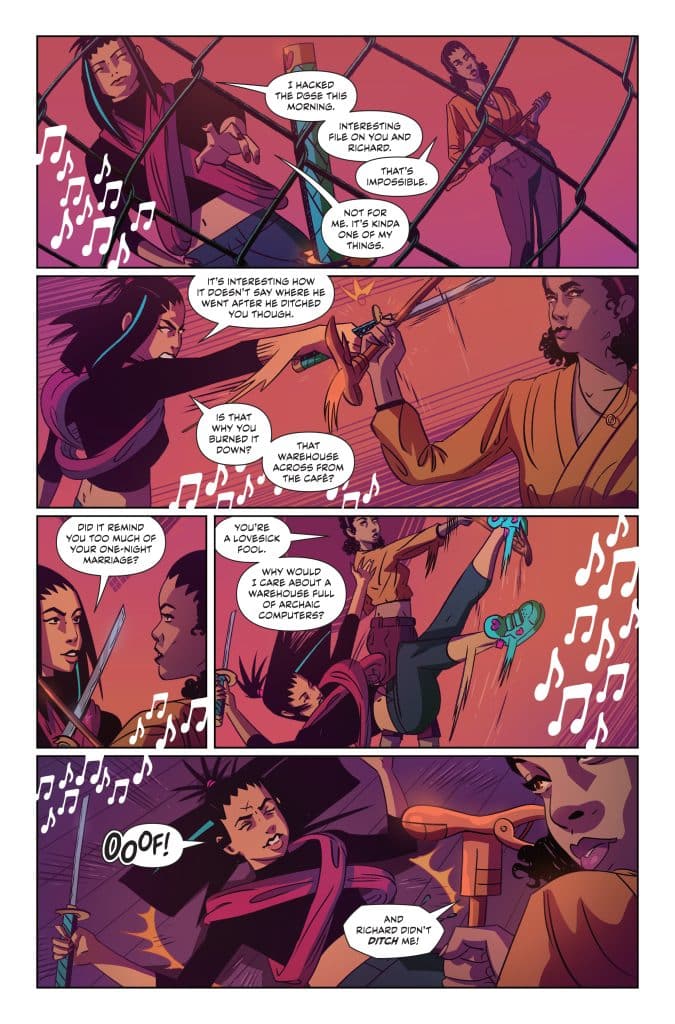 A vibrant comic panel depicting a conversation among characters in a stylized setting. One character is hacking a device while others discuss an intriguing file related to another character named Richard. The dialogue includes playful banter about past relationships and a warehouse full of computers, set against a colorful background with musical notes.