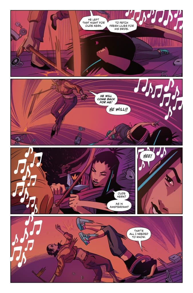 A comic strip featuring two characters engaged in a dynamic conversation amidst a vibrant background. One character is shown wielding a weapon, while the other is in a combat position. Musical notes float around them, enhancing the dramatic atmosphere.