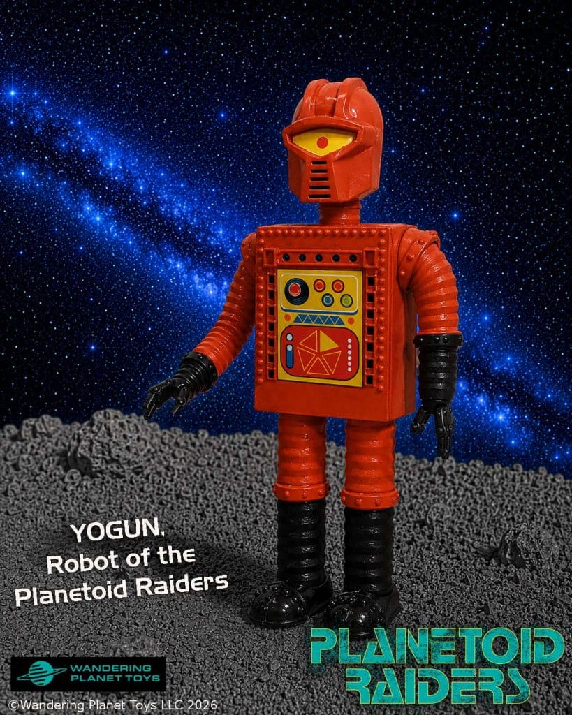 A vintage robot toy named Yogun, from the Planetoid Raiders series, standing on a textured surface resembling outer space, with a starry background.