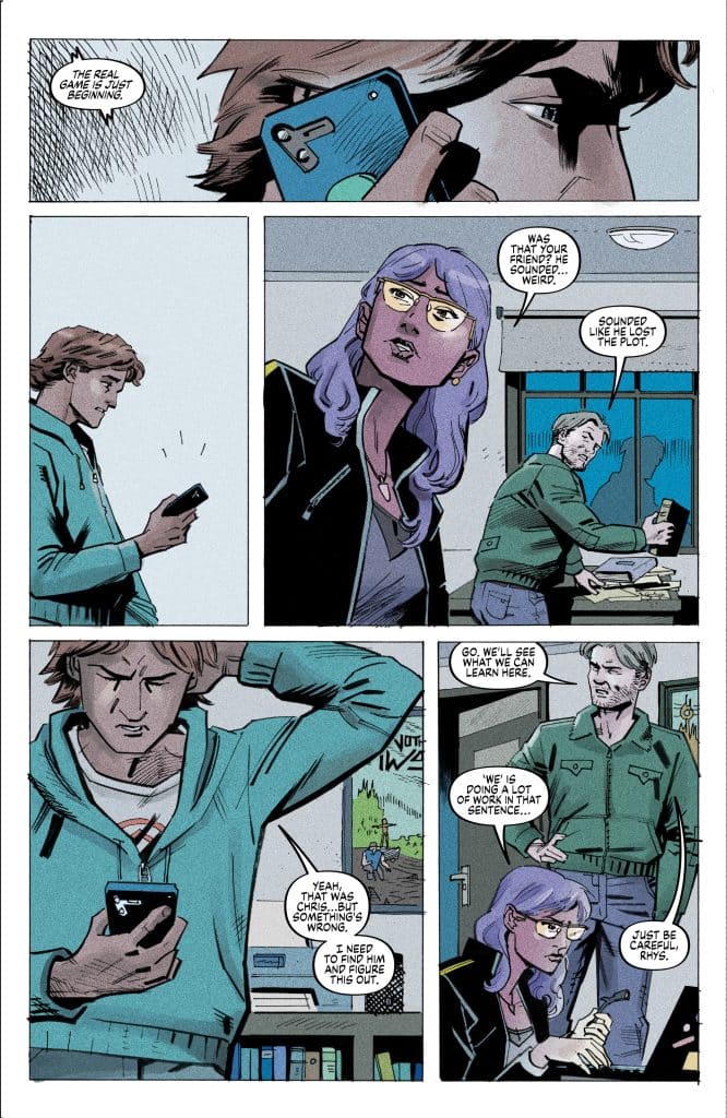 A comic panel depicting a young man on the phone looking concerned, a young woman with glasses responding to him, and an older man standing nearby, all discussing a friend's alarming situation.
