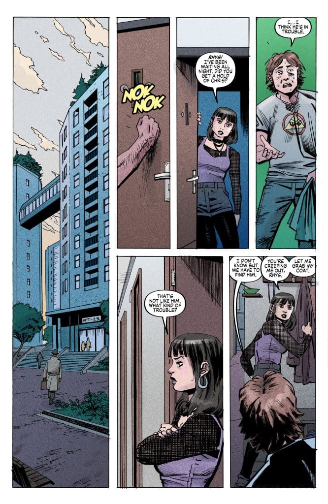 A comic panel showing a woman knocking on a door, expressing concern about a mutual friend named Chris, while a man inside responds that he thinks Chris is in trouble.