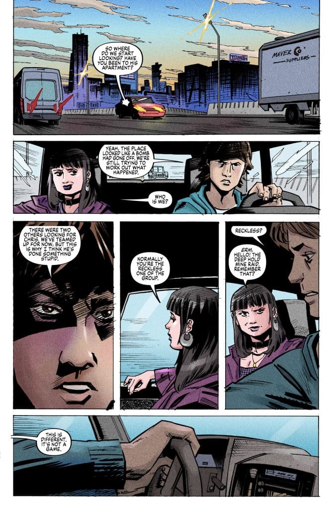 A comic book panel depicting a conversation between two characters in a car, with a city skyline and sunset in the background. The characters discuss a past event involving a missing person and express concern over the situation.