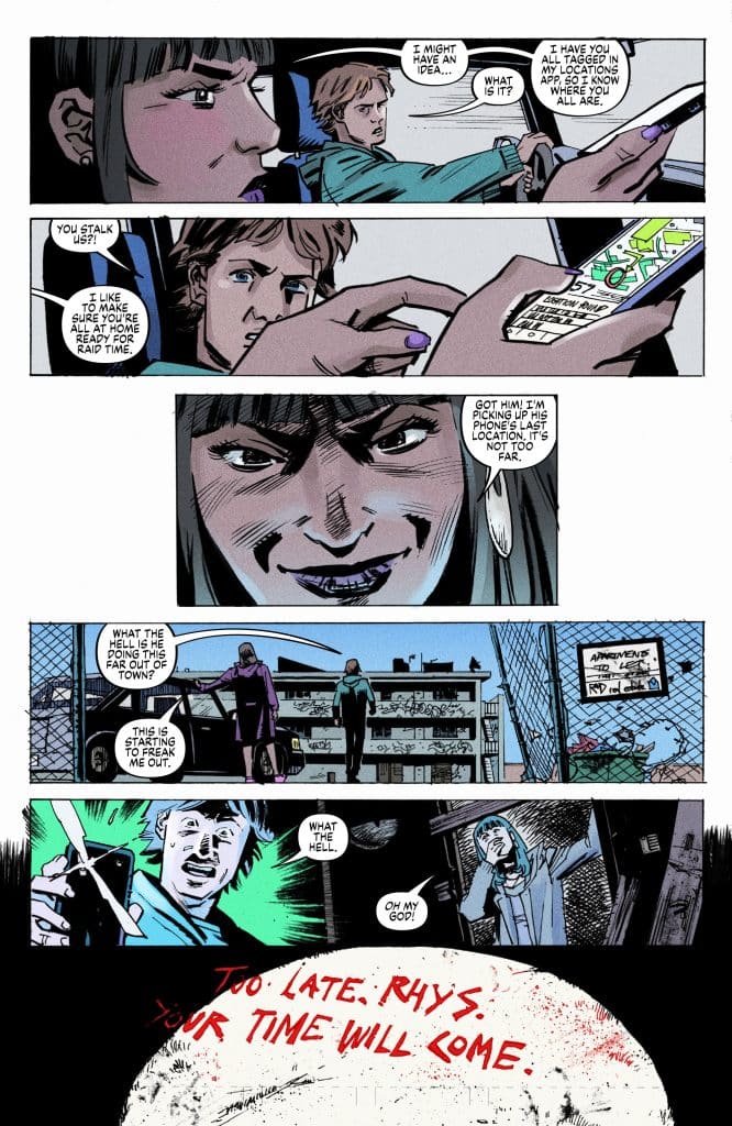 A comic panel featuring a tense conversation between two characters in a car, discussing a tracking app.