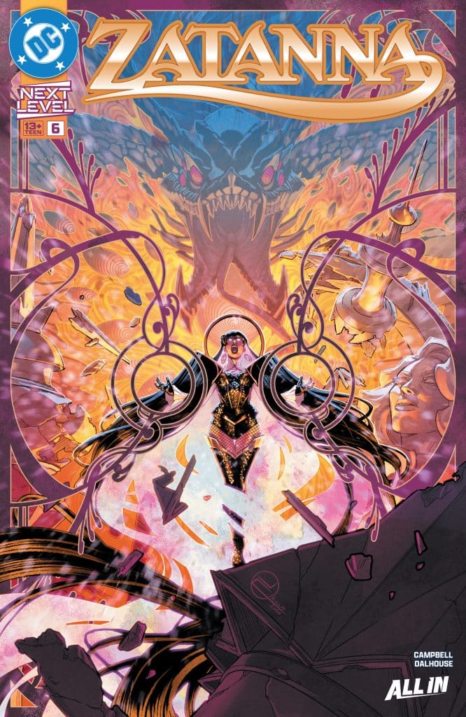Cover of Zatanna comic book issue #6 featuring Zatanna in a dramatic pose surrounded by magical elements and a menacing creature in the background.