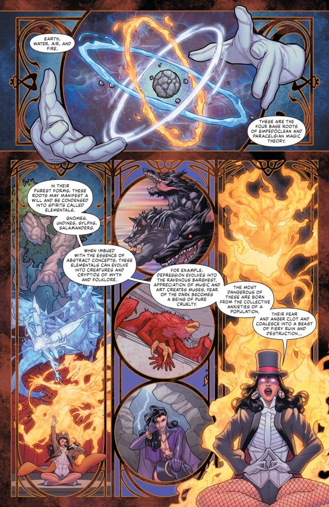 A comic book page featuring illustrations of elemental magic, including elements like earth, water, fire, and air, alongside creatures and mystical figures, highlighting concepts of elemental theory and the manifestation of emotions into mythical beings.
