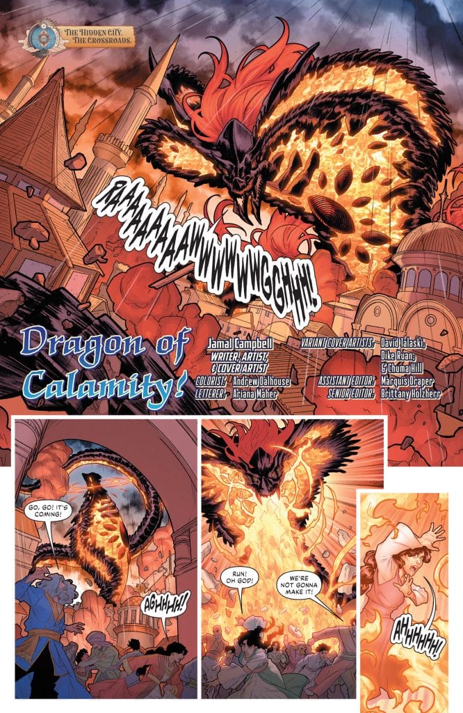 A comic panel titled 'Dragon of Calamity!' featuring a large, fiery dragon wreaking havoc in a city, with terrified characters shouting in panic. The scene is filled with explosions and dramatic expressions.
