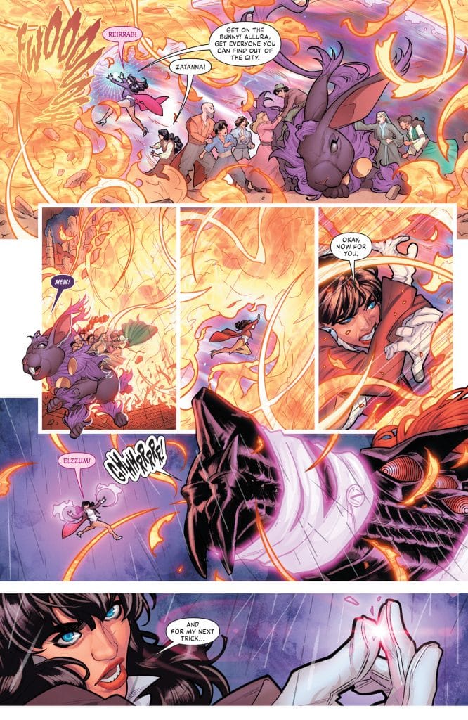 A scene from a comic book featuring a group of characters escaping a fiery disaster, with a large, magical rabbit leading them. The character Zatanna is casting a spell with swirling flames in the background.