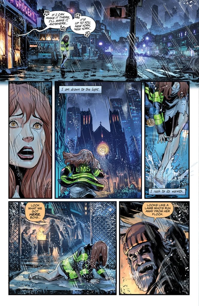 A comic book scene featuring a distressed woman in an EMS jacket standing in the rain on a city street, with a glowing light in the background. The panels depict her emotional struggle and interactions with shadowy figures lurking nearby.