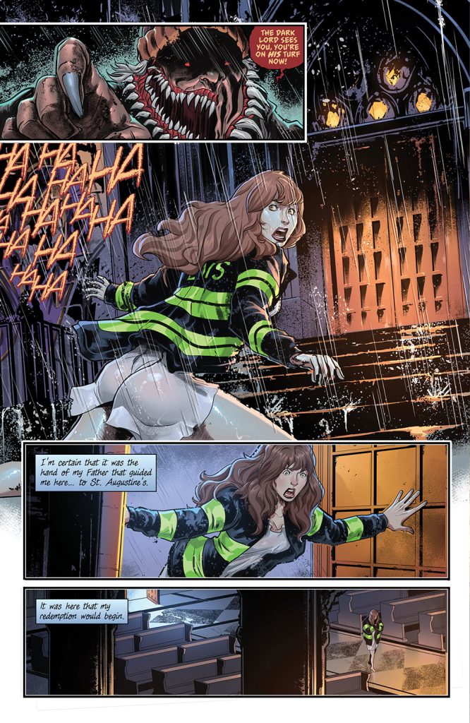 A comic-style illustration featuring a frightened young woman in a green-striped outfit, running away from a menacing creature with sharp claws and fangs. The background is dark and rainy, with ominous architecture and textual elements suggesting danger.