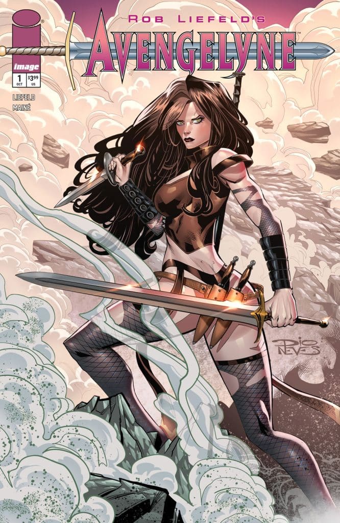 A comic book cover featuring a fierce female character holding a sword, surrounded by dramatic clouds and rocky terrain. The title 'Avengelyne' is prominently displayed at the top.