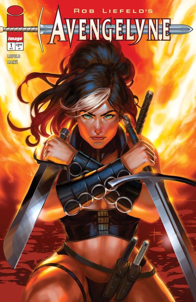 Cover of Rob Liefeld's comic 'Avengelyne' #1 featuring a strong female character wielding swords with a fiery background.