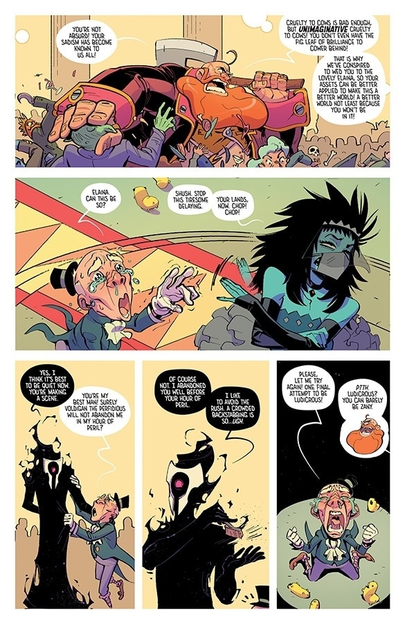 A colorful comic panel featuring characters in a humorous and chaotic situation, with a mix of exaggerated expressions and dialogues regarding absurdity and satire.