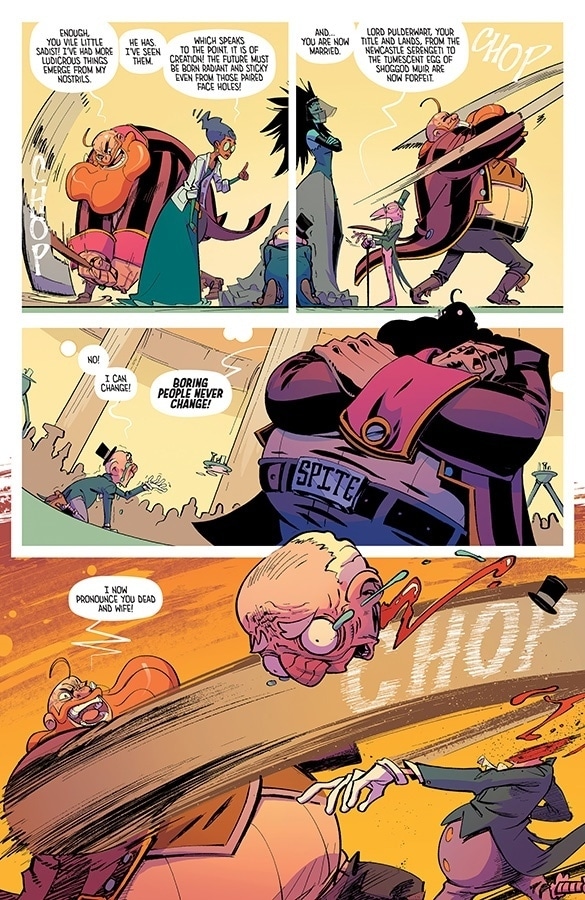 A colorful comic panel featuring a humorous scene with exaggerated characters. One character, an imposing figure in a suit, is using a large sword, while another character's head is depicted as a floating skull with a shocked expression. Surrounding characters display various emotions as they react to the ongoing situation.
