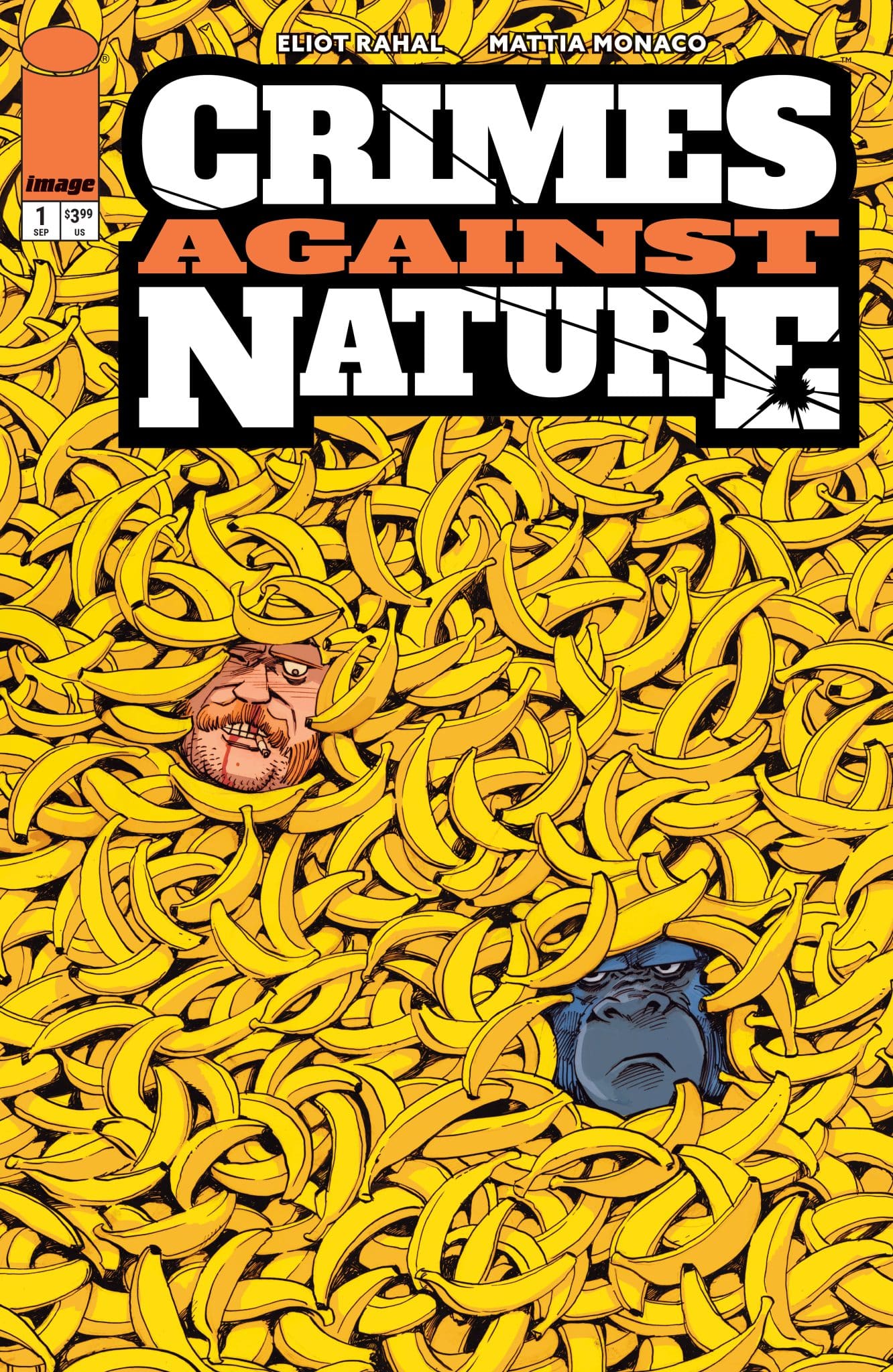 Comic book cover for 'Crimes Against Nature' featuring two faces partially visible amidst a vibrant pile of bananas.