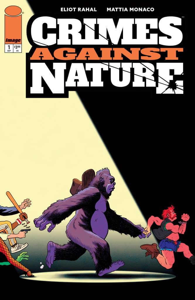 Cover of the comic book 'Crimes Against Nature' featuring a stylized gorilla walking under a spotlight, surrounded by colorful characters, set against a black background.