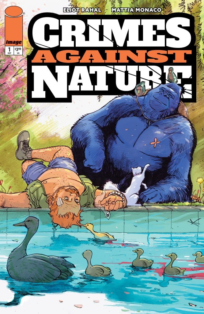 Cover of 'Crimes Against Nature' comic featuring a shirtless man with red hair resting by a pool, accompanied by a large blue gorilla and various animals, including ducks and birds.