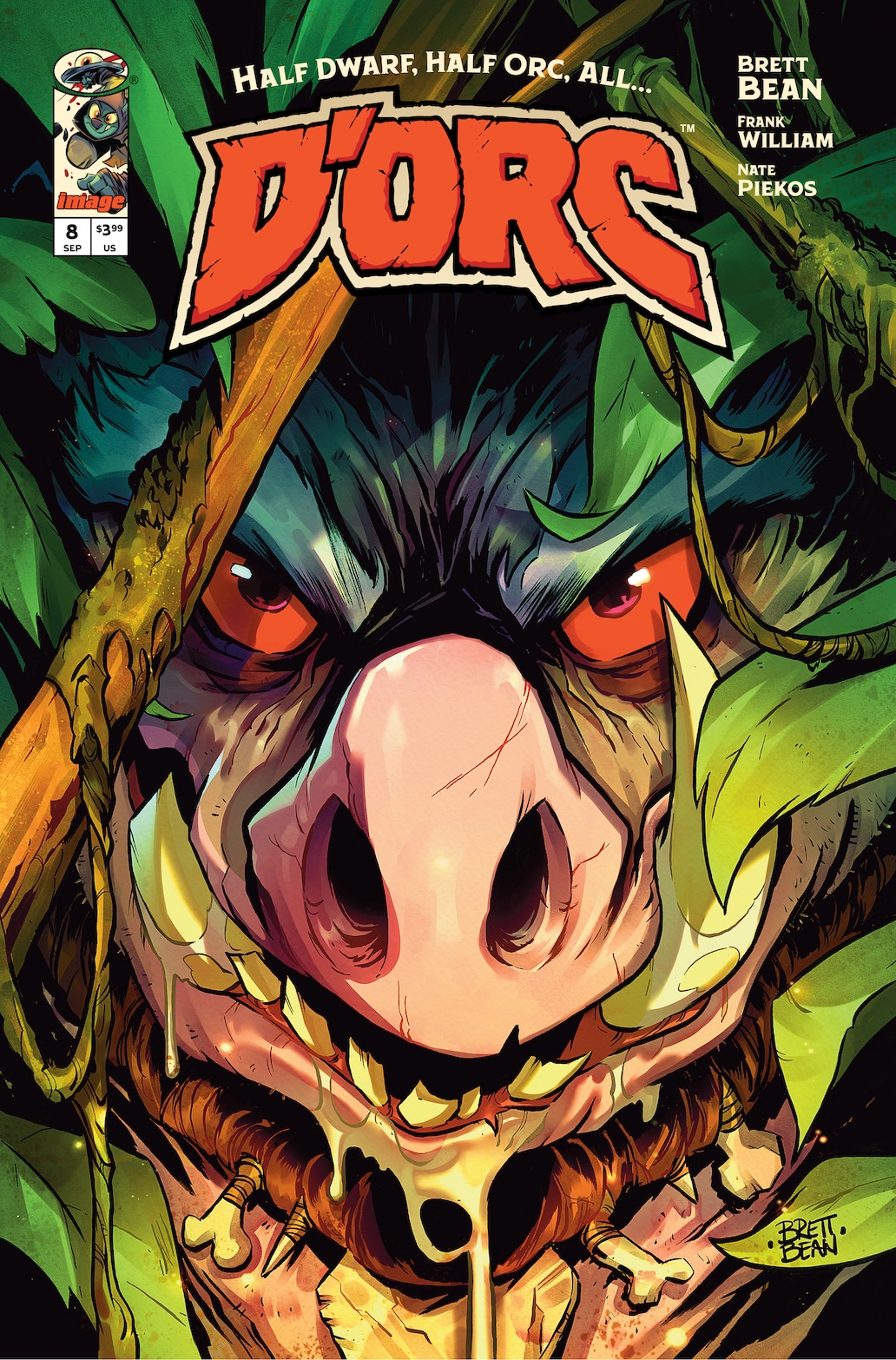 Comic book cover featuring a fierce, cartoonish character that is half dwarf and half orc, surrounded by dense foliage. The title 'D'ORC' is prominently displayed at the top.