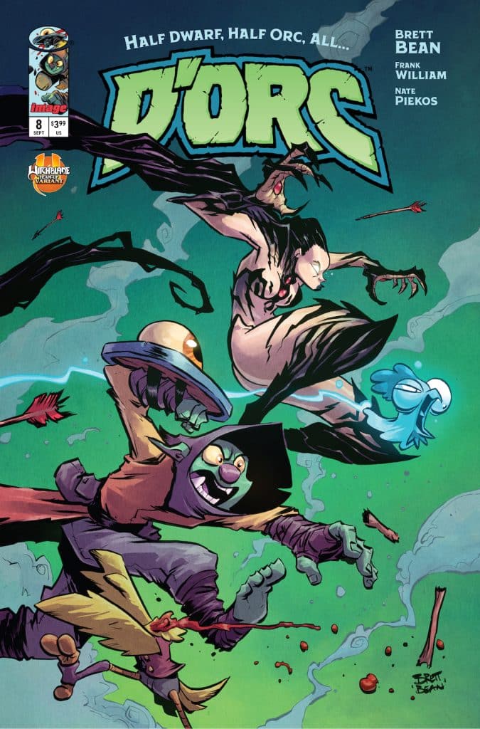 Comic book cover featuring characters in action, with a blend of humor and fantasy elements. The title 'D'ORC' stands out prominently, with characters including a half-dwarf, half-orc, and a blue bird-like figure in a dynamic pose.