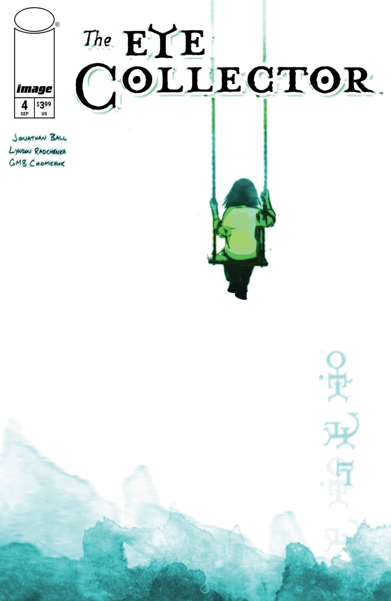 Cover of the comic book 'The Eye Collector' featuring a figure on a swing against a minimal white and teal background.