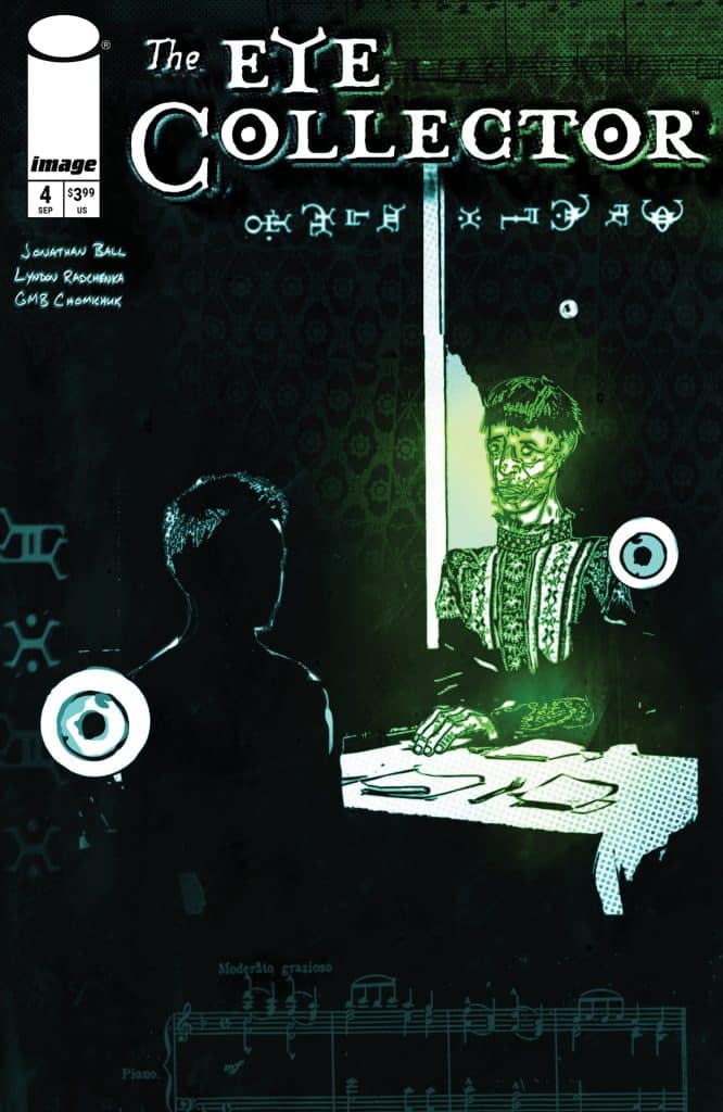 Cover of 'The Eye Collector' comic book featuring a shadowy figure sitting at a table opposite a sinister-looking character, with various symbols and outlines in the background. The color scheme primarily includes dark tones with green accents.