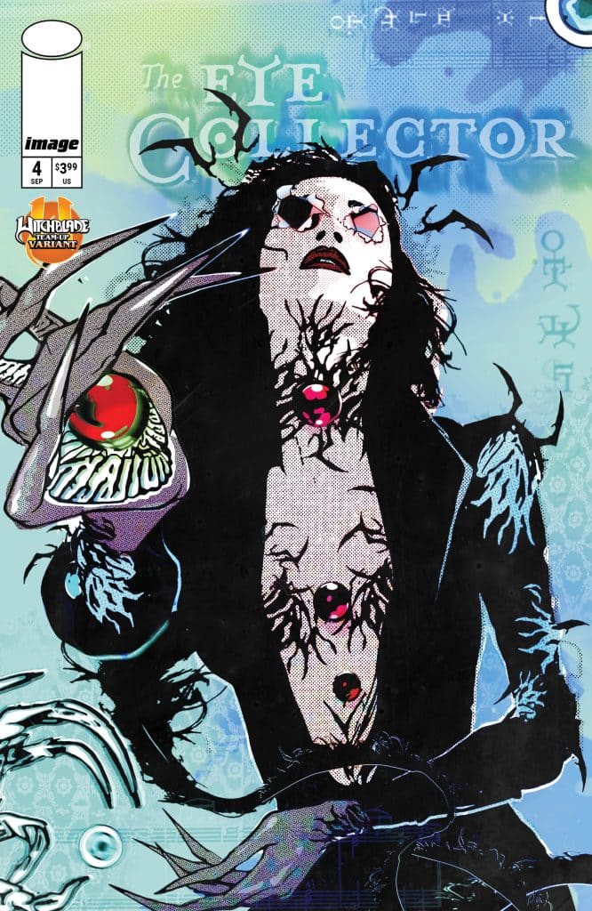Cover art for 'The Eye Collector' comic issue 4, featuring a mysterious figure with elongated claws, black attire, and decorative eyes on their body amidst a vibrant background.