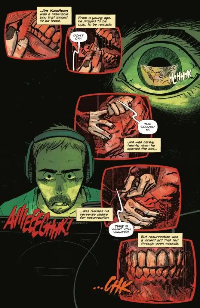 A comic panel depicting a distressed man with headphones, experiencing horror as he interacts with a mysterious box. Panels show his transformation and existential struggle, featuring an eerie green eye and close-up shots of bloodied hands and grotesque teeth.
