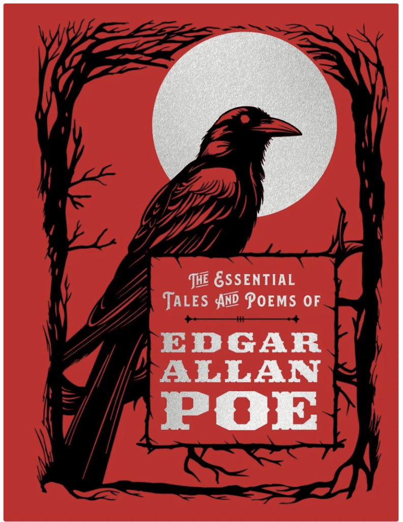Book cover of 'The Essential Tales and Poems of Edgar Allan Poe' featuring a raven perched on a branch against a red background and a large, silver moon.