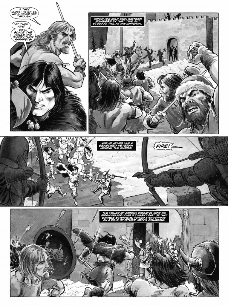 A black and white comic panel depicting a chaotic battle scene featuring warriors with swords and bows, some charging towards a fortified wall. The focus is on two main characters expressing determination, with various other fighters in the background.