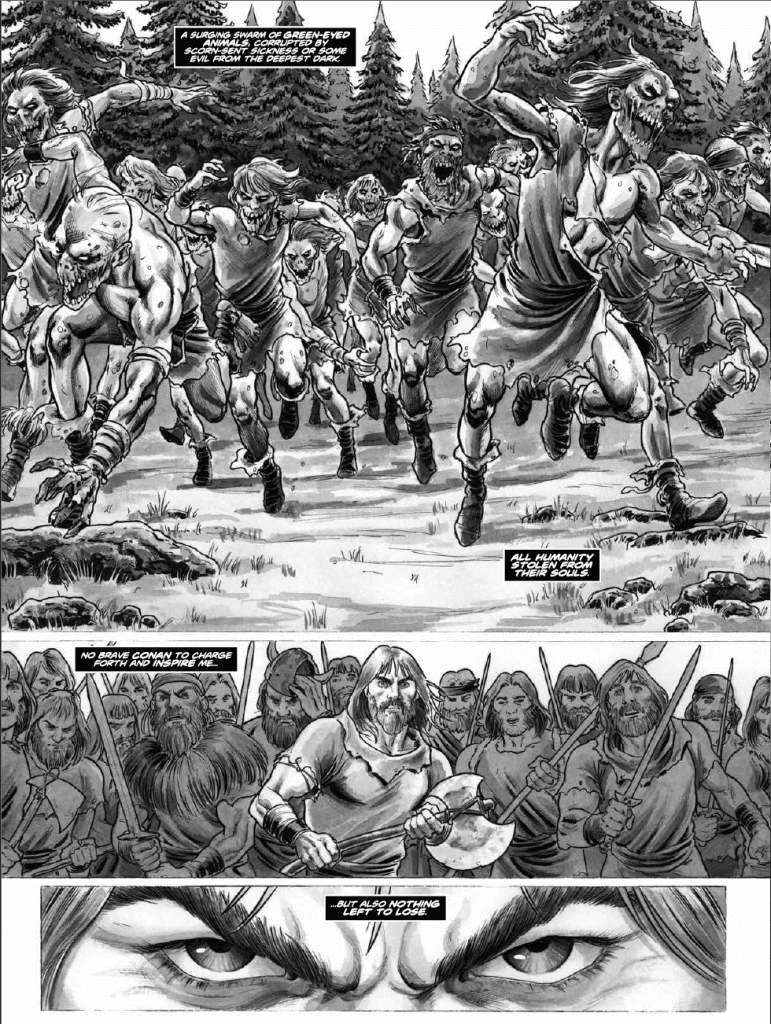 A black and white comic panel depicting a horde of monstrous figures with green eyes and menacing expressions, charging through a forest. The background features tall trees and rocky terrain, while the forefront shows a determined warrior holding an axe, surrounded by other fighters ready for battle.