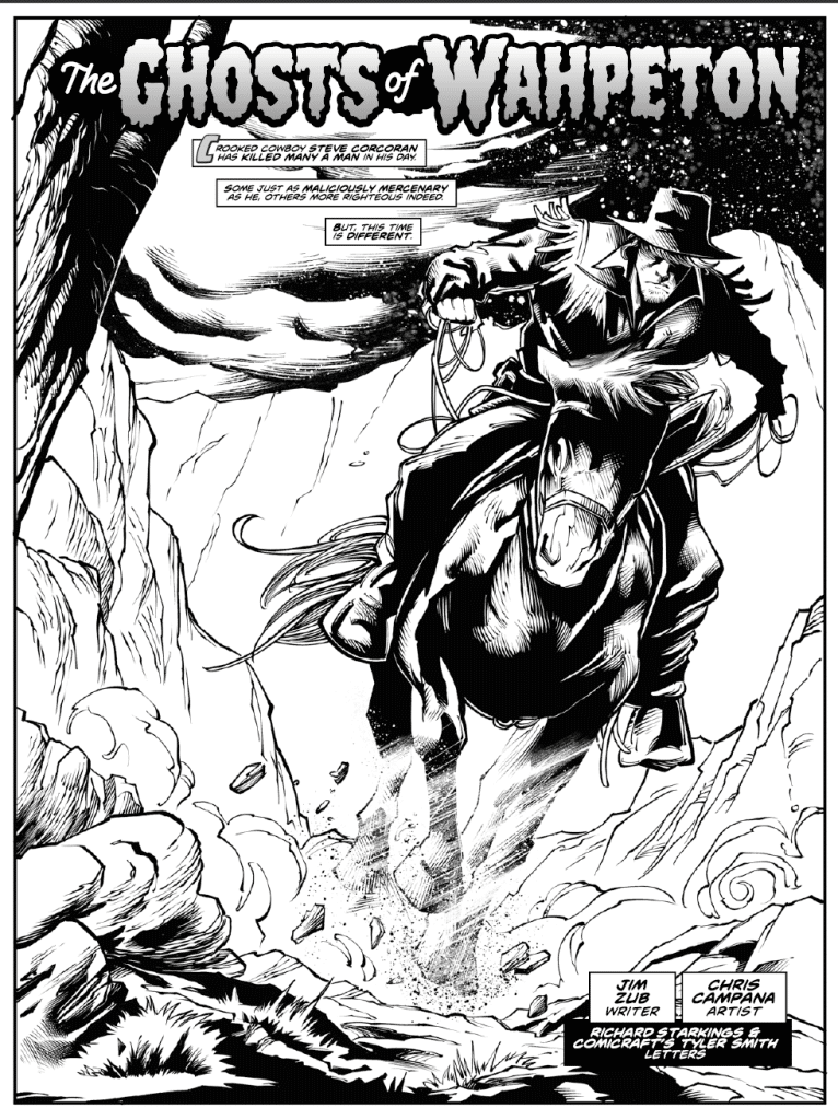 A cowboy on a galloping horse, dressed in a wide-brimmed hat and long coat, appears against a dramatic landscape with rocky formations, conveying a sense of action and adventure.