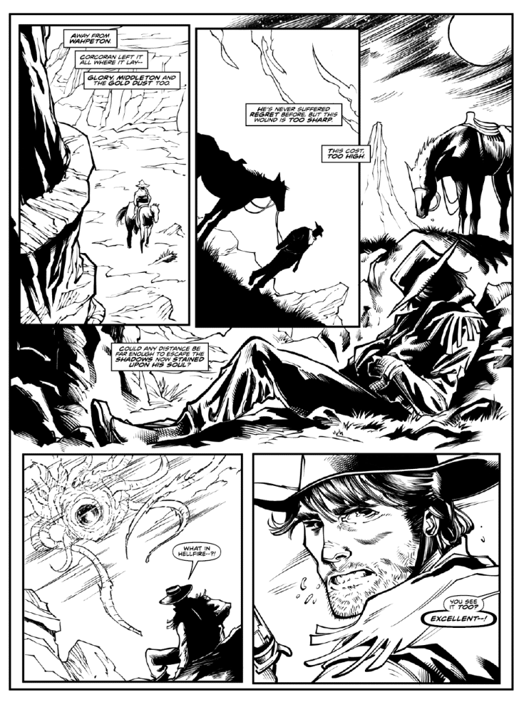 A black and white comic panel depicting a cowboy on horseback in a rugged landscape, contemplating regret. The scene includes shadowy figures and a monstrous creature in the background, reflecting a tense moment.