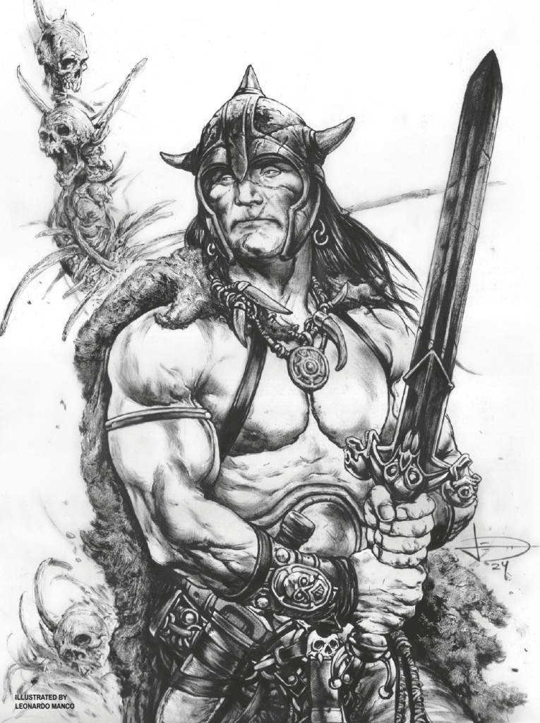 A muscular warrior in a horned helmet holds a sword, wearing a fur cloak and ornate armor. Skeletons and eerie figures are faintly visible in the background, enhancing the dark fantasy theme.
