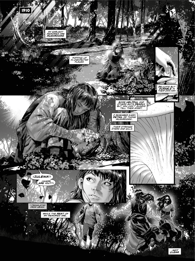 A black and white comic page depicting a forest scene. A girl crouches in the foreground, gathering flowers, while another figure stands nearby. Speech bubbles contain text referencing mushrooms and memories. Inset panels show hands and a mysterious shape, with characters expressing concern for someone named Zuleika.