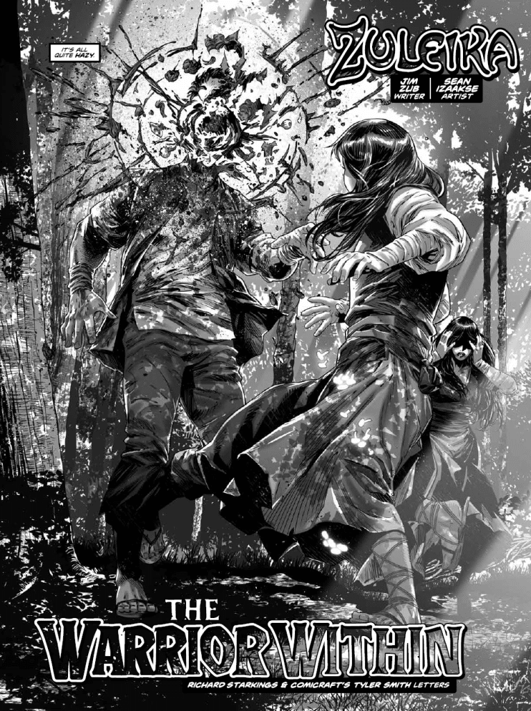 A black and white comic book page featuring a dramatic action scene with a character delivering a powerful blow, causing an explosion of energy and debris. The page includes the title 'Zuleika: The Warrior Within' prominently displayed at the bottom.