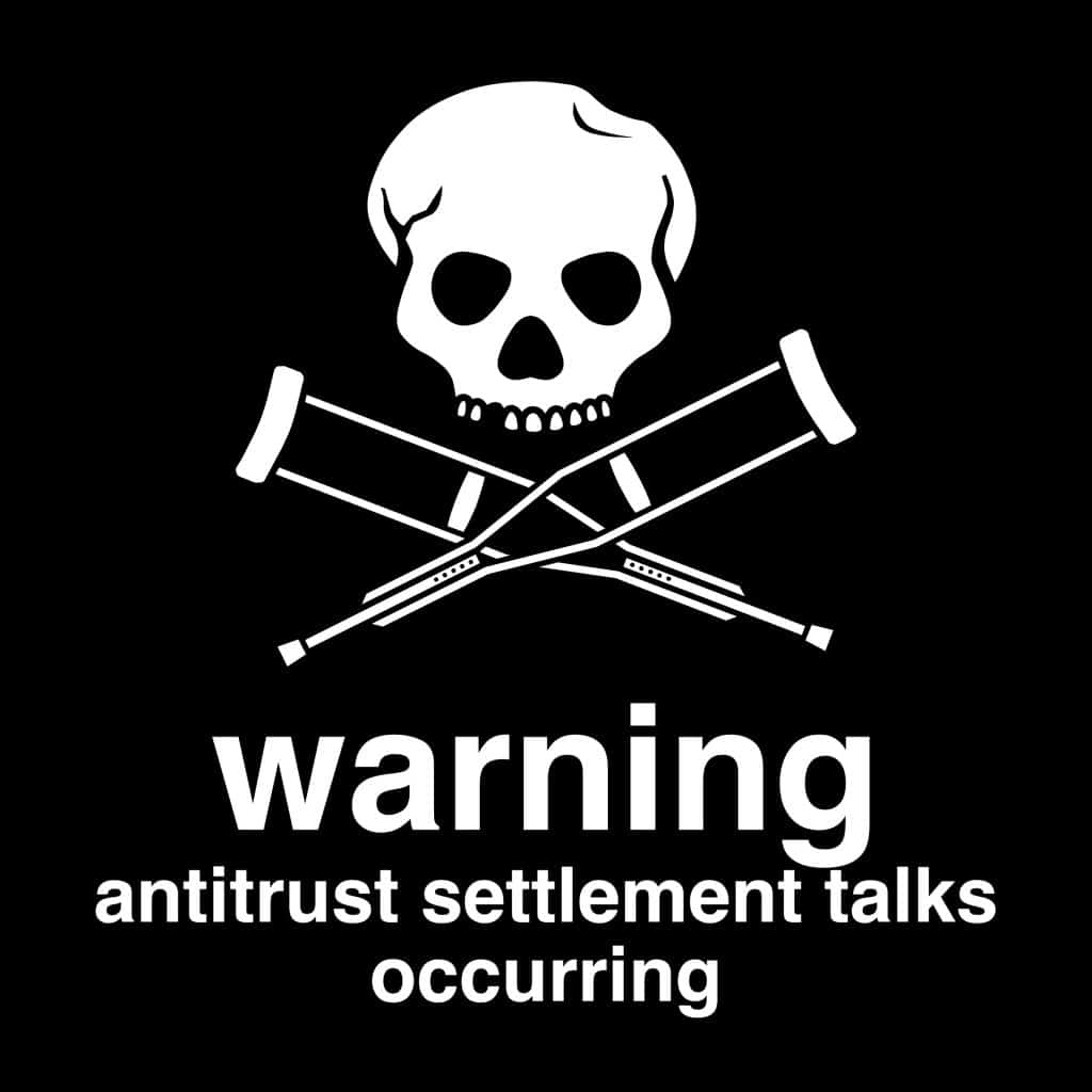 A warning graphic featuring a skull and crossbones, with the text 'warning antitrust settlement talks occurring' in bold white letters on a black background.
