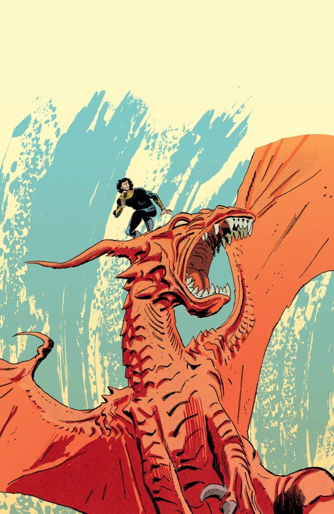 A person standing triumphantly on the back of a large red dragon, which has its mouth open and wings spread wide against a colorful background.