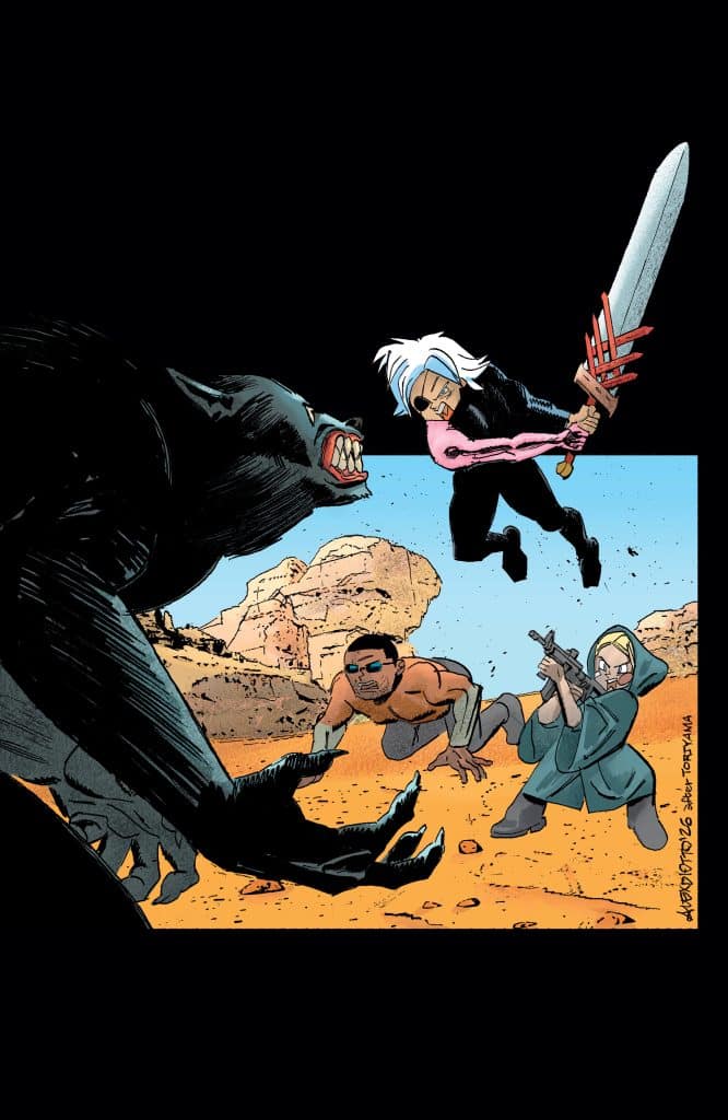 A fierce battle scene featuring a monstrous black creature and three characters: one wielding a sword, another with a gun, and one crouching down. The setting is a barren desert landscape with rocky formations in the background.