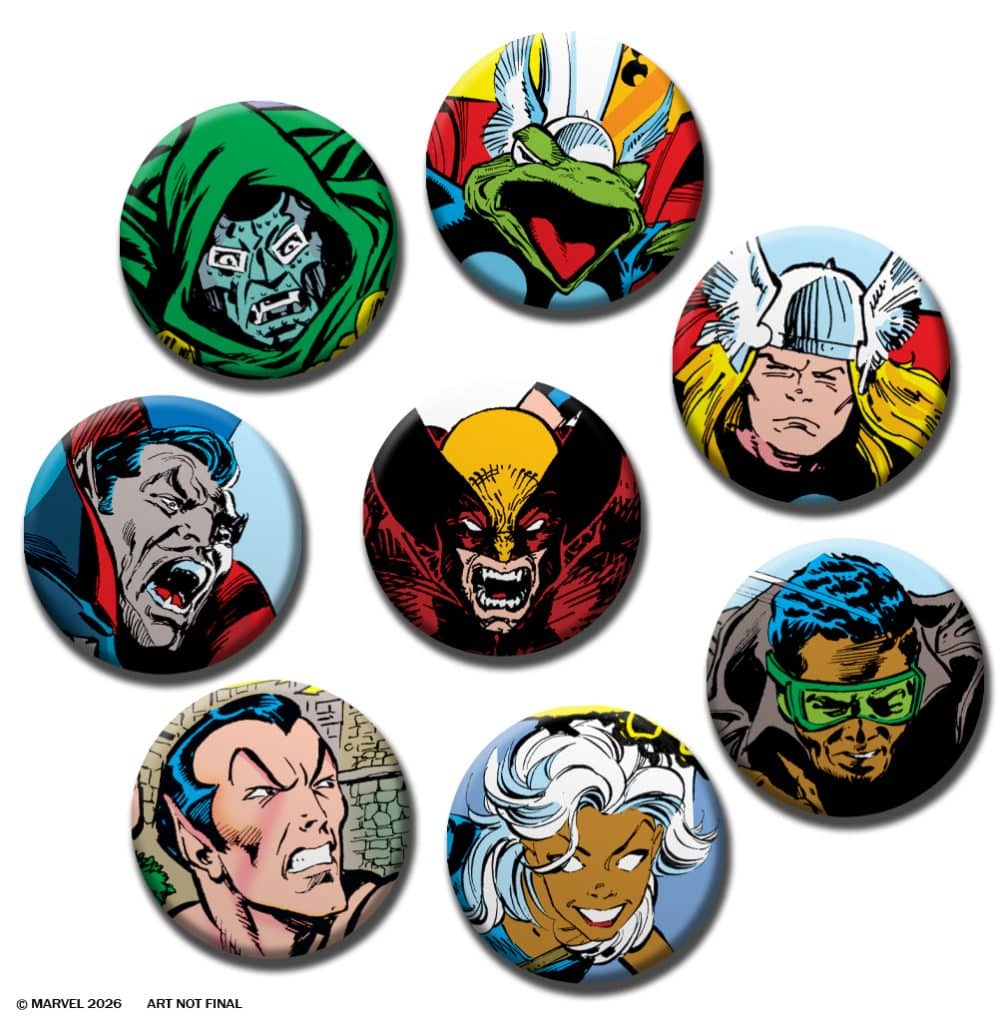 A collection of comic book character buttons featuring various Marvel superheroes and villains, including recognizable faces expressing intense emotions.