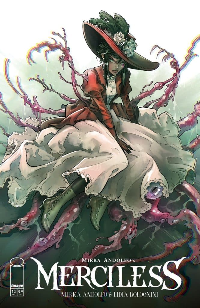 A stylized illustration featuring a woman in a red coat and wide-brimmed hat, sitting on a white flowing dress while surrounded by colorful, abstract tentacles.