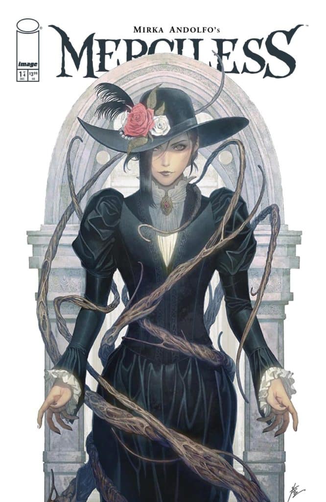 Cover art for 'Merciless' by Mirka Andolfo featuring a woman in a gothic black dress and hat, adorned with a pink flower, surrounded by dark, twisting vines.