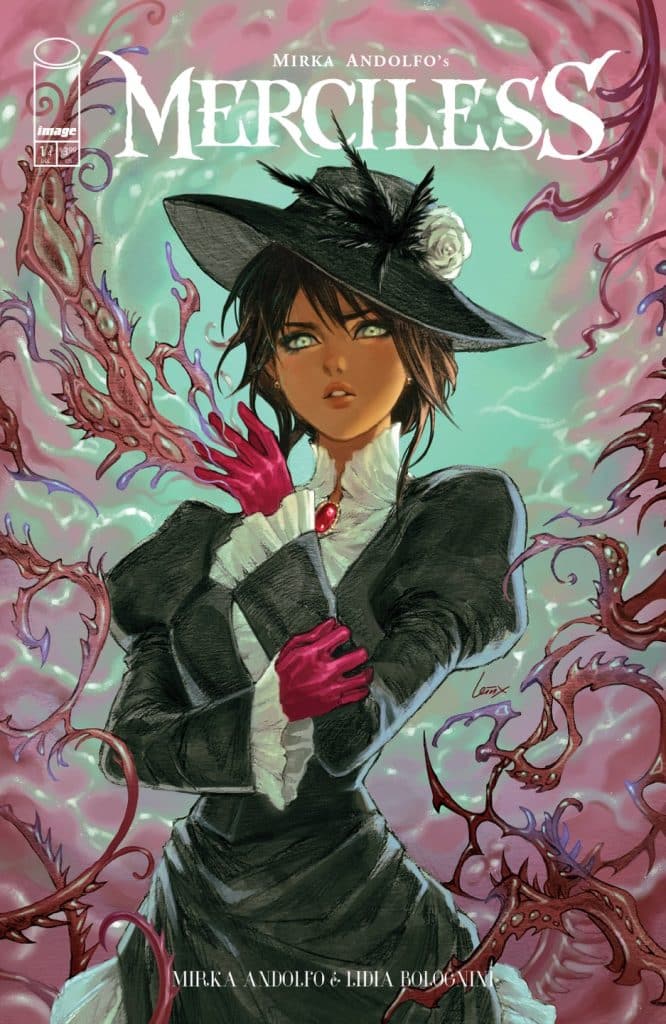 Cover art for 'Merciless' by Mirka Andolfo, featuring a young woman in a black hat and elegant attire, holding a book with a dramatic expression, surrounded by twisting, tentacle-like creatures.