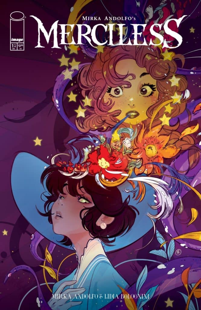 Cover art for 'Merciless' by Mirka Andolfo featuring a young woman with dark hair, wearing a large blue hat, surrounded by colorful stars, flowers, and whimsical elements.